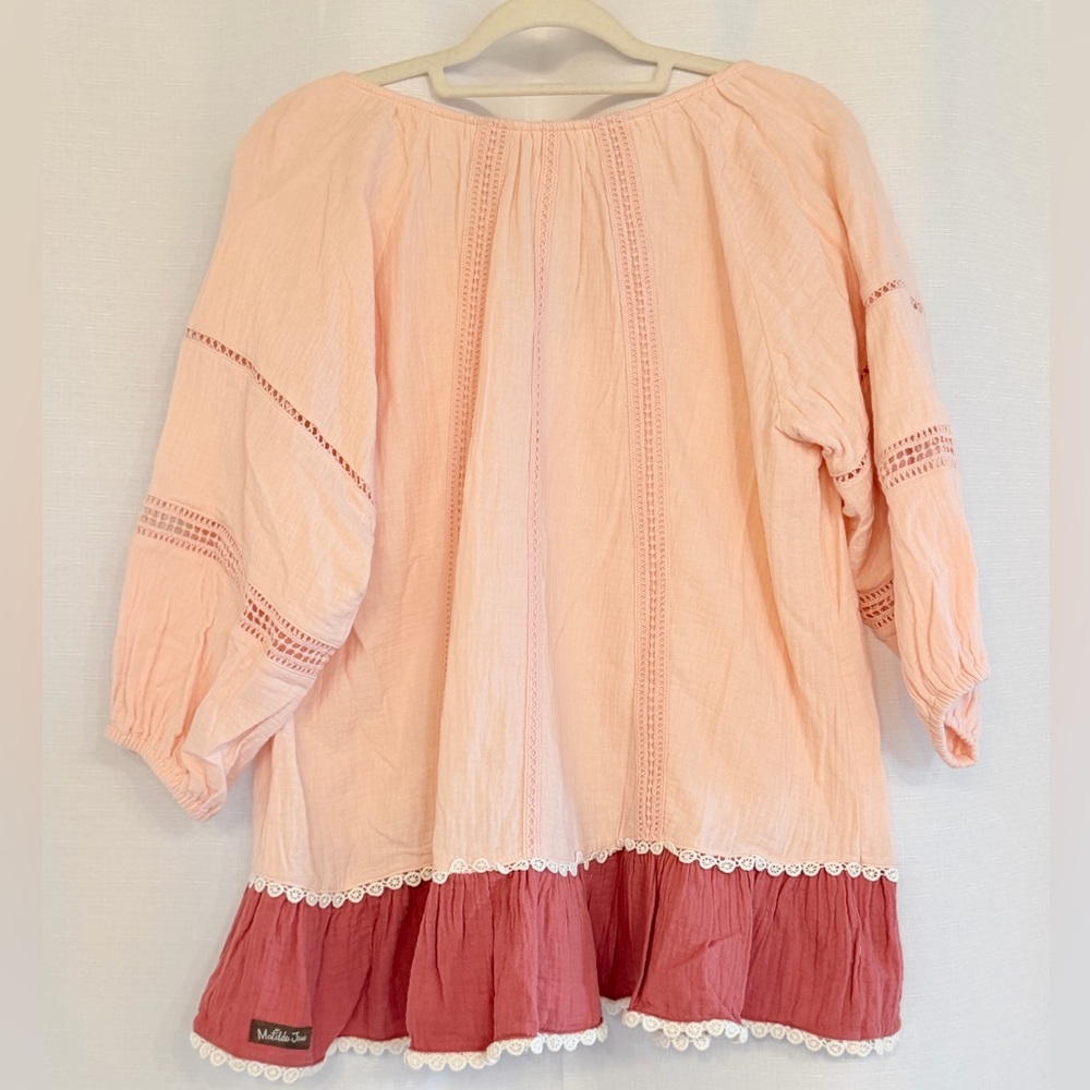 Matilda Jane Pink Boho Peasant Top Lace Trim Tiered Hem L - Picture 5 of 6